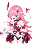  1girl bangs bare_shoulders black_gloves blue_eyes blush breasts child_(isoliya) choker commentary_request eyebrows_visible_through_hair fang gloves hair_between_eyes hair_ornament hair_ribbon highres honkai_(series) honkai_impact_3rd long_hair looking_at_viewer open_mouth pink_hair ribbon rozaliya_olyenyey simple_background small_breasts smile tail thick_eyebrows thigh-highs white_background white_legwear 