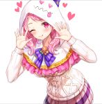  1girl ;q aran_sweater bang_dream! bangs blush bow closed_mouth eyebrows_visible_through_hair hands_up heart hood hood_up long_hair looking_at_viewer lunacle maruyama_aya one_eye_closed pink_hair pink_skirt pleated_skirt purple_bow simple_background skirt smile solo striped striped_bow sweater tongue tongue_out violet_eyes white_background white_sweater 