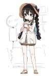  1girl backpack bag bangs black_hair black_nails blush_stickers bow braid brown_dress brown_footwear brown_headwear brown_neckwear brown_shorts commentary cup disposable_cup dress drinking drinking_straw eyebrows_visible_through_hair fingernails full_body hair_between_eyes hair_bow hat hat_bow highres holding holding_cup idolmaster idolmaster_cinderella_girls long_hair low_twintails matoba_risa monochrome_background nail_polish purple_bow sandals short_shorts shorts solo spawnfoxy standing toenail_polish toenails twin_braids twintails very_long_hair white_dress 