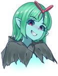  1girl :d aqua_skin bangs blunt_bangs cloak empty_eyes eyebrows_visible_through_hair ghost_(monster_girl_encyclopedia) green_hair grin hair_ribbon hood hood_down hooded_cloak looking_at_viewer medium_hair monster_girl_encyclopedia nanostar open_mouth pointy_ears portrait red_eyes red_ribbon ribbon simple_background smile solo white_background 
