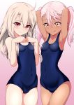  2girls ahoge armpits arms_up blue_swimsuit breasts chloe_von_einzbern collarbone commentary_request covered_navel cowboy_shot dark_skin eyebrows_visible_through_hair fate/kaleid_liner_prisma_illya fate_(series) gradient gradient_background hair_between_eyes highres illyasviel_von_einzbern long_hair looking_at_viewer multiple_girls naughty_face new_school_swimsuit pink_background pink_hair red_eyes school_swimsuit seductive_smile small_breasts smile swimsuit tongue tongue_out twintails white_hair xiao_rui_rui yellow_eyes 