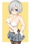  1girl blue_eyes blush bra breasts commentary eyebrows_visible_through_hair hair_between_eyes hair_ornament hairclip hamakaze_(kantai_collection) kantai_collection large_breasts looking_at_viewer navel open_mouth pantyhose pleated_skirt short_hair silver_hair simple_background skirt solo toshishikisai underwear white_background yellow_background 