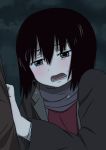  1girl absurdres aiu1 bangs black_hair blush bob_cut brown_coat brown_eyes clothes_grab clouds cloudy_sky coat commentary_request crying crying_with_eyes_open d: frown hair_between_eyes hand_on_another&#039;s_back highres nakahara_misaki nhk_ni_youkoso! night night_sky open_clothes open_coat open_mouth partial_commentary purple_scarf red_shirt sad scarf shirt short_hair sky solo_focus teardrop tears upper_body 