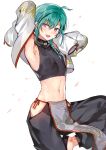  1other ahoge androgynous armpits bare_hips chinese_clothes ear_piercing earrings fang green_hair highres jewelry konbu_wakame midriff navel nijisanji piercing ryuushen short_hair side_braids violet_eyes virtual_youtuber 