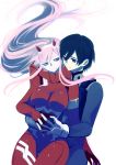  1boy 1girl bangs black_bodysuit black_hair blue_eyes bodysuit breasts commentary couple darling_in_the_franxx floating_hair gloves green_eyes hair_ornament hairband hand_on_another&#039;s_stomach hetero highres hiro_(darling_in_the_franxx) holding_hands horns hug hug_from_behind interlocked_fingers long_hair looking_at_another medium_breasts oni_horns oroneko pilot_suit pink_hair red_bodysuit red_eyes red_horns white_gloves white_hairband zero_two_(darling_in_the_franxx) 