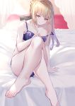  1girl absurdres artoria_pendragon_(all) backlighting bangs bare_shoulders barefoot black_ribbon blonde_hair blue_bra blue_panties blush bra braid breasts closed_mouth collarbone crossed_legs curtains fate/stay_night fate_(series) feet french_braid hair_between_eyes hair_bun hair_ribbon highres legs light_rays long_hair looking_at_viewer on_bed pale_skin panties ribbon saber_alter sitting small_breasts smile solo takubon_(xewh4773) thighs underwear yellow_eyes 