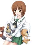  1girl :d actas_(studio) bandages bangs black_neckwear blouse boko_(girls_und_panzer) brown_eyes brown_hair commentary cute eyebrows_visible_through_hair flipper girls_und_panzer green_skirt holding holding_stuffed_animal long_sleeves looking_at_viewer media_factory miniskirt moe neckerchief nishizumi_miho on_bed ooarai_school_uniform open_mouth pillow pleated_skirt school_uniform serafuku shadow short_hair sitting skirt smile solo stuffed_animal stuffed_toy teddy_bear tokyo_mx white_background white_blouse 