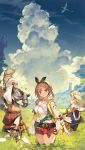  2boys 2girls atelier_(series) atelier_ryza blonde_hair braid brown_eyes brown_hair carrying character_request clouds coat dragon from_behind glasses hair_ornament hair_ribbon hairclip half_updo hat highres hooded_vest jewelry key_visual long_hair looking_at_viewer looking_back midriff multiple_boys multiple_girls necklace official_art pantyhose redhead reisalin_stout ribbon round-bottom_flask short_hair short_shorts shorts shoulder_armor shoulder_carry skindentation staff suspenders thigh-highs toridamono wyvern 