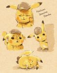  beige_background cabbie_hat character_name commentary_request copyright_name detective_pikachu detective_pikachu_(movie) detective_pikachu_(series) full_body gen_1_pokemon hat looking_up lying matsuri_(matsuike) no_humans on_side peeking_out pikachu pokemon simple_background 