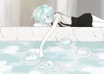  1other androgynous aqua_eyes aqua_hair crystal_hair eyes_visible_through_hair gem_uniform_(houseki_no_kuni) highres houseki_no_kuni jellyfish lying necktie on_stomach phosphophyllite short_hair smile solo sone_(sazikiri0302) suspenders water white_skin 