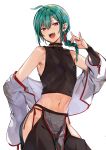  1other absurdres ahoge androgynous armpits bare_hips bare_shoulders chinese_clothes commentary_request ear_piercing earrings green_hair highres holding holding_hair jewelry konbu_wakame midriff navel nijisanji piercing ryuushen short_hair side_braids violet_eyes virtual_youtuber 