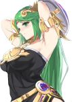  1girl alternate_color armlet armpits arms_behind_head arms_up black_dress breasts buckler circlet closed_mouth dress goddess green_eyes green_hair highres jewelry kid_icarus long_hair medium_breasts neck_ring necklace palutena shield simple_background smile solo straight_hair strapless strapless_dress super_smash_bros. tomas_(kaosu22) very_long_hair white_background 