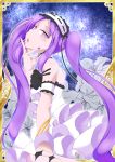  1girl black_ribbon choker commentary_request dress fate/grand_order fate_(series) hairband headdress highres lolita_hairband long_hair nail_polish open_mouth purple_hair ribbon solo stheno strapless strapless_dress tasumetoro twintails very_long_hair violet_eyes white_dress 