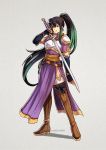  1girl aira_(fire_emblem) arm_at_side belt black_gloves black_hair boots breastplate brown_footwear closed_mouth dress elbow_gloves fingerless_gloves fire_emblem fire_emblem:_rekka_no_ken fire_emblem:_seisen_no_keifu fire_emblem_heroes full_body fusion gloves green_eyes green_hair grey_background gzei holding holding_sword holding_weapon long_dress long_hair looking_at_viewer lyndis_(fire_emblem) multicolored_hair ponytail purple_dress short_sleeves side_slit simple_background smile solo standing sword thigh-highs thigh_boots tumblr_username two-tone_hair very_long_hair warrior weapon 