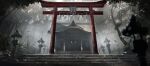  absurdres architecture building commentary east_asian_architecture english_commentary fog geralt7 highres no_humans rope scenery stairs stone_lantern tagme temple torii touhou tree 