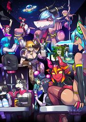  6+girls ? animal_ears animal_print bar_stool bartender beer_mug bell bell_collar belt blue_eyes bracelet brown_hair business_suit cat_girl cellphone china_dress chinese_clothes collar commentary cow_bell cow_ears cow_girl cow_horns cow_print cow_tail cyborg dark_skin demon_girl demon_horns dj dog_girl dog_tail dragon_girl dress eldritch_abomination english_commentary english_text evening_gown extra_eyes fingerless_gloves formal fountain fur fur_trim giantess gloves goo_girl headphones highres hood hoodie horns insect_girl jewelry lamia long_hair mandragora minotaur monster monster_girl multicolored_hair multiple_arms multiple_girls nail_polish navel nintendo_switch office_lady original phone phonograph piercing pointy_ears pole_dancing record ryuusei_(mark_ii) scales scylla sitting sky smartphone smile speaker spider_girl spiked_bracelet spikes star_(sky) starry_sky stool streaked_hair striped striped_legwear succubus suit tail tentacle_hair tongue tongue_out tongue_piercing turntable ufo zombie 