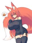  1girl ? absurdres animal_ear_fluff animal_ears bangs black_legwear black_sweater breasts collarbone commentary cowboy_shot eyebrows_visible_through_hair food fox_ears fox_girl fox_tail hair_between_eyes hamburger hand_up highres huge_breasts large_tail long_hair looking_at_viewer off-shoulder_sweater off_shoulder orange_hair original sam_(sub-res) simple_background skindentation sleeves_past_wrists smile solo spoken_object spoken_question_mark sub-res sweater tail thigh-highs very_long_hair white_background zettai_ryouiki 