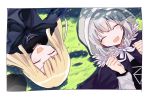  2girls blonde_hair clenched_hand closed_eyes fate_(series) fur_collar gray_(lord_el-melloi_ii) grey_hair happy hat hat_removed headwear_removed hood laughing long_hair lord_el-melloi_ii_case_files lying multiple_girls on_back on_grass reines_el-melloi_archisorte 