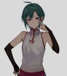  1other ahoge akanbe androgynous bare_shoulders chinese_clothes earrings green_hair hand_on_hip jewelry konbu_wakame nijisanji ryuushen short_hair solo source_request tongue tongue_out violet_eyes virtual_youtuber 