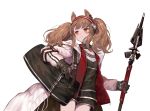  1girl angelina_(arknights) animal_ears arknights bag black_gloves blush brown_eyes brown_hair closed_mouth commentary duffel_bag eyebrows frown gloves hairband highres holding holding_weapon horse_ears long_hair long_sleeves looking_away mixkechin solo twintails weapon 