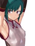  1other ahoge androgynous armpits arms_up bad_id bad_twitter_id breasts chinese_clothes green_hair highres konbu_wakame nijisanji ryuushen short_hair small_breasts solo violet_eyes virtual_youtuber 