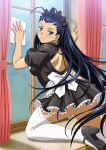  antenna_hair black_dress black_footwear blue_eyes blue_hair cleaning_windows curtains dress earrings floating_hair frilled_dress frills ikkitousen indoors jewelry kakouen_myousai long_hair looking_at_viewer magatama magatama_earrings maid_headdress one_knee shiny shiny_hair short_dress short_sleeves smile thigh-highs very_long_hair white_legwear 