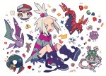  ! 1girl amoonguss artist_name auko bat bike_shorts black_eyes black_footwear boots bra_strap commentary_request crobat fangs freckles full_body garbodor gen_1_pokemon gen_2_pokemon gen_3_pokemon gen_5_pokemon green_eyes hair_bobbles hair_ornament homika_(pokemon) knees_up koffing long_sleeves multicolored_shirt off_shoulder open_mouth oversized_clothes oversized_shirt poke_ball_symbol pokemon pokemon_(creature) pokemon_(game) pokemon_bw2 red_eyes red_sclera scolipede seviper shirt short_hair signature simple_background sitting skull_and_crossbones sleeves_past_fingers sleeves_past_wrists snake star striped striped_shirt teeth white_background white_hair yellow_sclera 