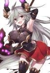 ahoge arm_up armor armored_dress armpits axe bangs battle_axe breasts clenched_hand collar draph energy granblue_fantasy grey_hair highres horns huge_breasts kokutou_nikke long_hair open_mouth orange_eyes polearm red_skirt skirt smile source_request thalatha_(granblue_fantasy) very_long_hair weapon wristband 