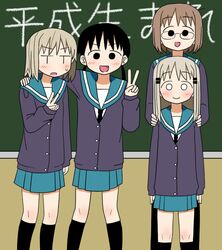  4girls :d aiu1 arm_at_side black_eyes black_hair black_neckwear blonde_hair blue_sailor_collar blue_skirt blush chalkboard closed_mouth commentary_request fang glasses hand_on_shoulder light_brown_hair long_sleeves looking_at_viewer low_twintails multiple_girls necktie no_pupils open_mouth original pleated_skirt sailor_collar school_uniform skirt smile standing sweatdrop translation_request twintails v |_| 