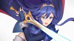  1girl absurdres alternate_costume blue_eyes blue_gloves blue_hair cape ei1han falchion_(fire_emblem) fingerless_gloves fire_emblem fire_emblem:_kakusei gloves glowing glowing_sword glowing_weapon hair_between_eyes highres holding holding_sword holding_weapon long_hair lucina open_mouth ribbed_sleeves shoulder_armor sword symbol_in_eye thighs tiara weapon wrist_cuffs 