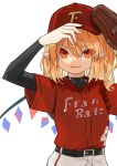  1girl 4 adjusting_clothes adjusting_hat alternate_costume alternate_headwear arms_up bangs baseball_cap baseball_jersey baseball_mitt baseball_uniform black_shirt blonde_hair clothes_writing commentary_request crystal eyebrows_visible_through_hair fang flandre_scarlet gotoh510 hair_between_eyes hat highres long_sleeves looking_at_viewer number one_side_up pants parted_lips pointy_ears red_eyes red_shirt shirt short_hair simple_background smile solo sportswear touhou upper_body v-shaped_eyebrows white_background white_pants wings 