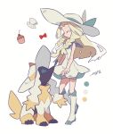  1girl artist_name auko blonde_hair blue_bow blue_footwear bow bowtie braid cherry closed_eyes clothed_pokemon cup cupcake dog dress flat_chest food fruit full_body furfrou gen_6_pokemon hat hat_bow kneehighs lillie_(pokemon) long_hair poke_ball_symbol pokemon pokemon_(creature) pokemon_(game) pokemon_sm profile saucer see-through shoes side_braid signature simple_background sitting sleeveless sleeveless_dress smile standing sun_hat teacup tied_hair twin_braids white_background white_dress white_headwear white_legwear yellow_bow 