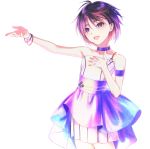  1girl :d arm_strap black_hair bracelet choker collarbone cowboy_shot dress gradient_hair hachiware hair_between_eyes highres idolmaster idolmaster_(classic) jewelry kikuchi_makoto multicolored_hair open_mouth outstretched_arm pleated_dress purple_hair short_dress simple_background sleeveless sleeveless_dress smile solo standing striped striped_dress two-tone_hair violet_eyes white_background white_dress 