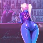  1girl alcohol android artist_name ass bar bartender blonde_hair blue_bodysuit blue_eyes bodysuit bottle cherry cocktail_glass commentary_request counter cup dated drinking_glass food fruit high_ponytail highres leaning_on_object long_hair looking_at_viewer looking_back metroid ponytail samus_aran sawasa signature skin_tight zero_suit 