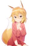  1girl animal_ear_fluff animal_ears bangs blonde_hair blush brown_eyes closed_mouth collarbone commentary_request derivative_work eyebrows_visible_through_hair fox_ears fox_girl fox_tail hair_between_eyes highres japanese_clothes kimono pink_kimono senko_(sewayaki_kitsune_no_senko-san) sewayaki_kitsune_no_senko-san short_kimono simple_background sitting smile solo tail tail_raised wariza white_background yutsuki_warabi 