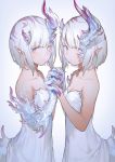  2girls bangs bob_cut claws collarbone dress eyebrows_visible_through_hair heterochromia holding holding_hands horns mogumo multiple_girls original pink_sclera pointy_ears short_hair simple_background violet_eyes white_dress white_hair 