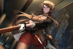 1girl alternate_costume bangs black_coat braid breasts brown_hair building city city_lights cityscape closed_mouth french_braid girls_frontline gloves green_eyes gun hair_ornament holding indoors large_breasts lee-enfield lee-enfield_(girls_frontline) long_hair looking_away night night_sky o_zone pantyhose ribbon rifle scenery sky skyscraper solo uniform weapon white_gloves 