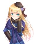  1girl bangs beret blonde_hair blue_dress blush brown_gloves brown_headwear brown_ribbon closed_mouth commentary_request dress eyebrows_visible_through_hair fate_(series) flower fur-trimmed_sleeves fur_collar fur_trim gloves green_eyes hair_between_eyes hair_flower hair_ornament hair_ribbon hat highres long_hair long_sleeves looking_at_viewer lord_el-melloi_ii_case_files purple_ribbon reines_el-melloi_archisorte ribbon seungju_lee simple_background solo tilted_headwear very_long_hair white_background 