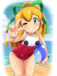  1girl arm_up ball beach beachball blonde_hair casual_one-piece_swimsuit commentary_request covered_navel day green_eyes grin highres leaning_forward long_hair ocean one-piece_swimsuit one_eye_closed outdoors ponytail red_swimsuit ribbon rockman roll sagamimok smile solo swimsuit thighs v wristband 