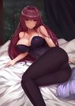  1girl absurdres ass bare_shoulders bed black_legwear blush breasts bunnysuit fate/grand_order fate_(series) highres large_breasts legs long_hair looking_at_viewer lying pantyhose purple_hair scathach_(fate)_(all) scathach_(fate/grand_order) smile zcheng_weibing 