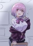  bow breasts chair collared_shirt gazacy_(dai) highres indoors jacket large_breasts lavender_hair off_shoulder open_mouth pantyhose pink_eyes purple_bow purple_jacket shinjou_akane shirt ssss.gridman white_shirt 