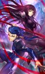  1boy 1girl black_gloves blue_bodysuit blue_hair bodysuit breasts commentary_request fate/grand_order fate/stay_night fate_(series) full_body gae_bolg gloves hair_strand high_heels highres holding holding_spear holding_weapon lancer large_breasts long_hair looking_at_viewer nasaniliu polearm ponytail purple_bodysuit purple_hair red_eyes scathach_(fate)_(all) scathach_(fate/grand_order) smile spear teacher_and_student weapon 