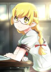  1girl blonde_hair braid desk gesugesu_ahoaho glasses indoors long_hair monogatari_(series) oshino_shinobu pointy_ears school_uniform sunlight twin_braids twintails window yellow_eyes 