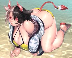  1girl all_fours animal_ears animal_print ass bare_legs bare_shoulders bikini black_hair blush breasts commentary_request covered_nipples cow_ears cow_horns cow_print cow_tail criss-cross_halter gengoroumaru_(ambidextrous) hair_between_eyes halterneck hanging_breasts haori horns huge_breasts japanese_clothes looking_at_viewer off_shoulder outdoors parted_lips plump red_eyes red_footwear sandals shiny shiny_skin short_hair silver_hair solo swimsuit tail thick_thighs thighs touhou ushizaki_urumi water yellow_bikini 