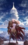  1girl armor blonde_hair blue_eyes bodysuit breasts clouds cloudy_sky commentary eyepatch highres instant_ip long_hair medium_breasts mountain parted_lips sky solo thick_thighs thighs very_long_hair 