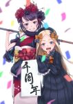  2girls :d abigail_williams_(fate/grand_order) anniversary bangs black_bow black_dress black_headwear blonde_hair blue_eyes blurry_foreground blush bow commentary_request confetti dress fate/grand_order fate_(series) forehead fur_collar grin hair_bow hand_up hat highres holding japanese_clothes katou_haruaki_(ririshikioo) katsushika_hokusai_(fate/grand_order) kimono long_hair long_sleeves looking_at_viewer multiple_girls obi open_mouth orange_bow parted_bangs polka_dot polka_dot_bow purple_hair purple_kimono round_teeth sash simple_background sleeves_past_fingers sleeves_past_wrists smile teeth translation_request upper_teeth very_long_hair violet_eyes white_background 