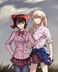  2girls absurdres blonde_hair blue_eyes brown_hair clothes_around_waist clouds commentary girls_und_panzer girls_und_panzer_ribbon_no_musha grass grey_sky hair_ribbon hand_on_hip highres jacket_around_waist long_hair matsukaze_rin mole mole_under_eye multiple_girls okutorinno pantyhose plaid plaid_skirt red_eyes red_ribbon ribbon school_uniform shirt short_hair skirt tatenashi_high_school_uniform tsuruki_shizuka white_shirt 