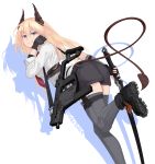  1girl absurdres blonde_hair blue_eyes boots commentary demon_tail drop_shadow english_commentary fingerless_gloves gloves gun highres holding holding_sword holding_weapon horns kriss_vector long_hair original short_shorts shorts skindentation solo submachine_gun sword tail thigh-highs vectorek weapon white_background 