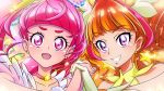  2girls :d absurdres amanogawa_kirara bangs blunt_bangs blush brown_hair choker commentary_request cure_star cure_twinkle earrings gensou_(mopoepei) gloves go!_princess_precure grin highres holding_hands hoshina_hikaru jewelry long_hair looking_at_viewer magical_girl multicolored_hair multiple_girls open_mouth partial_commentary pink_eyes pink_hair pink_neckwear precure pun redhead shiny shiny_hair smile star star_choker star_earrings star_twinkle_precure streaked_hair two-tone_hair upper_body violet_eyes yellow_gloves 