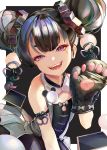  1girl bangs bare_shoulders black_hair cleavage_cutout double_bun flat_chest gloves hand_up looking_at_viewer mittens mole mole_under_eye open_mouth original paw_gloves paws sharp_teeth smile solo teeth tocope upper_body violet_eyes 